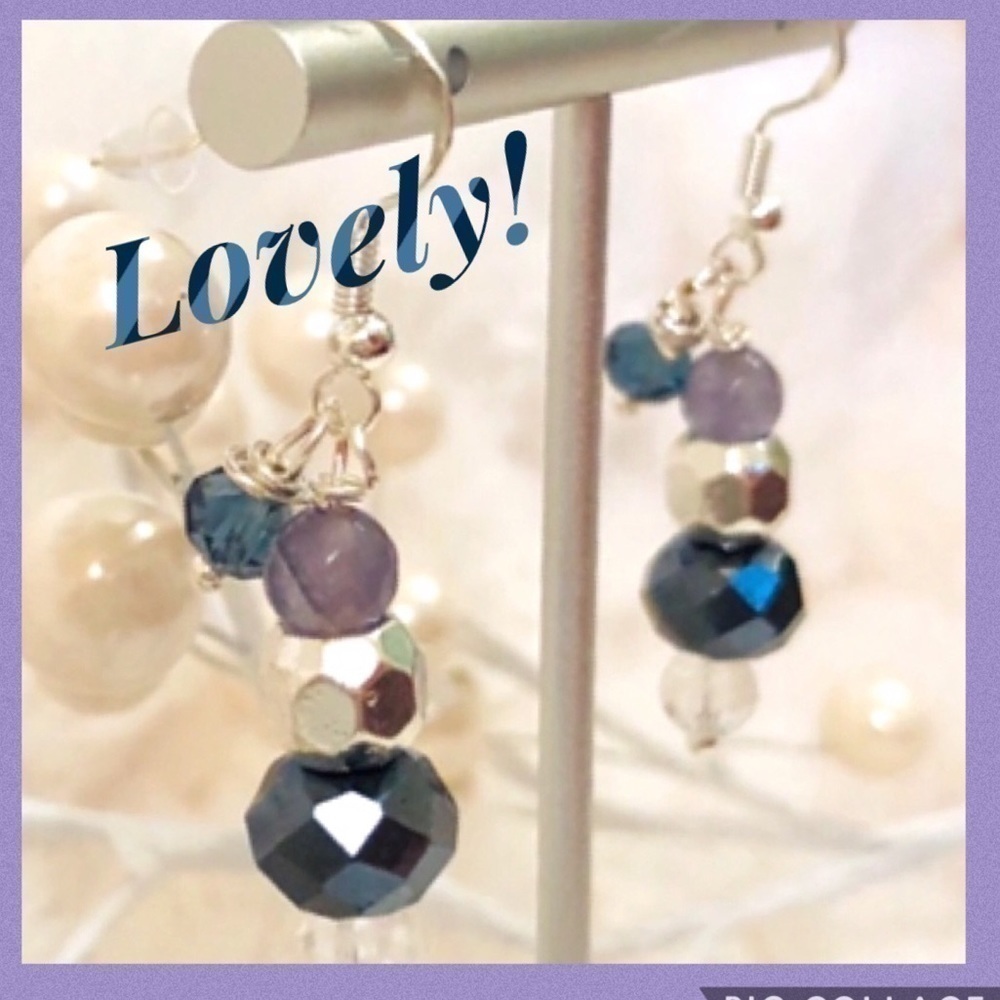 𝅺BOHO Indie Sterling Silver Earrings 🌟Purple & Deep Blue Crystal Handcrafted - Picture 4 of 11